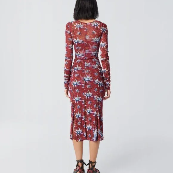 NWT DVF - Corinne Ruched Mesh Midi Dress in Harlow Small Wine - Picture 2 of 7